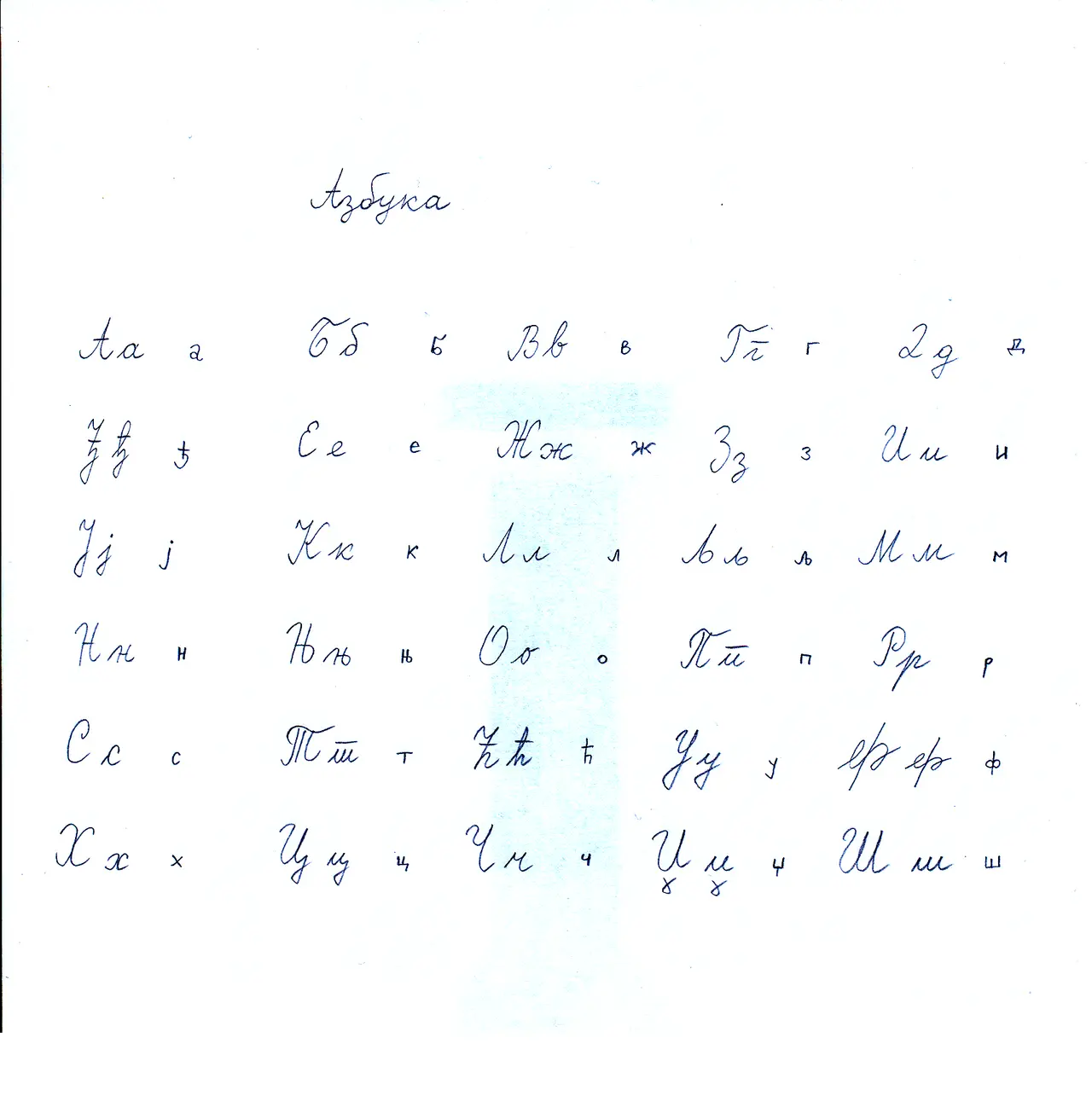 Serbian Cyrillic cursive alphabet chart showing print and cursive forms